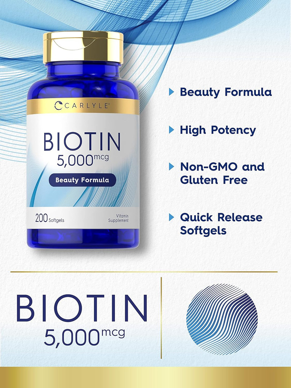 Carlyle Biotin 5000Mcg Softgels | 200 Count | Vitamins For Hair Skin And Nails | Non-Gmo, Gluten Free Supplement