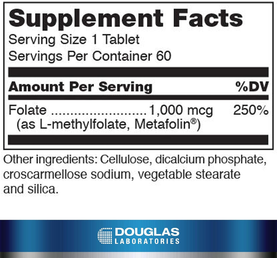 Douglas Laboratories Methyl Folate L-5-Mthf - 1,000 Mcg Metafolin - Vitamin B Folate - Supports Homocysteine Metabolism & Fetal Development* - Non-Gmo - 60 Tablets