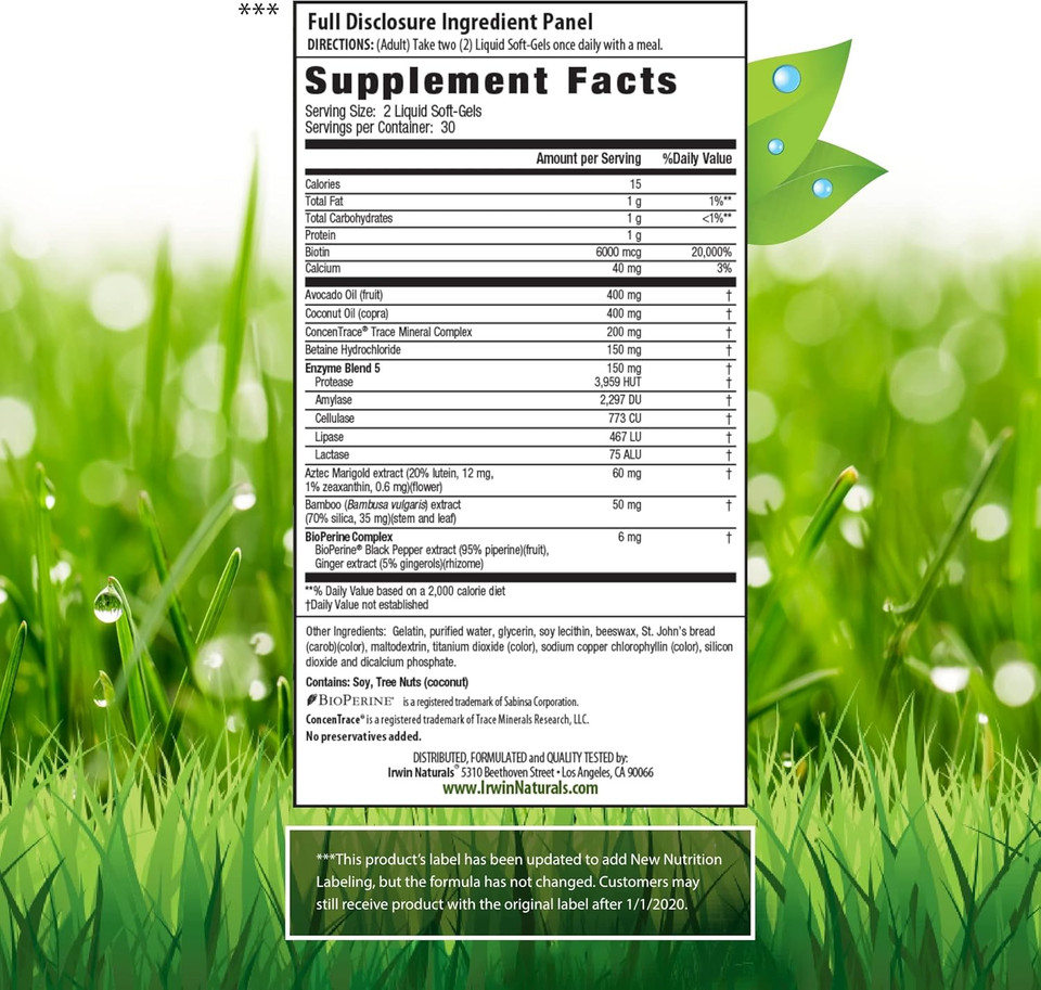 Irwin Naturals Biotin-6000-60 Liquid Soft-Gels, Pack Of 2 - Supports Strength & Protection For Hair & Nails - With Avocado Oil, Coconut Oil, Lutein & Zeaxanthin - 60 Total Servings