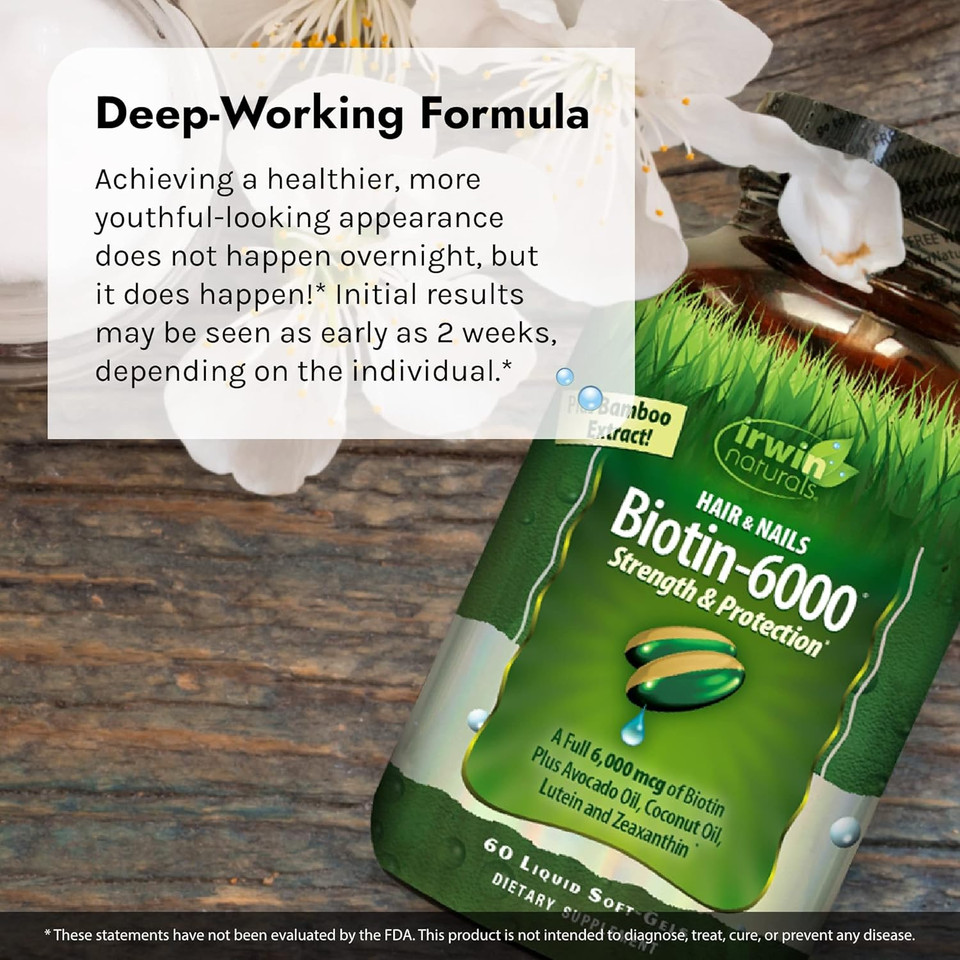 Irwin Naturals Biotin-6000-60 Liquid Soft-Gels, Pack Of 2 - Supports Strength & Protection For Hair & Nails - With Avocado Oil, Coconut Oil, Lutein & Zeaxanthin - 60 Total Servings