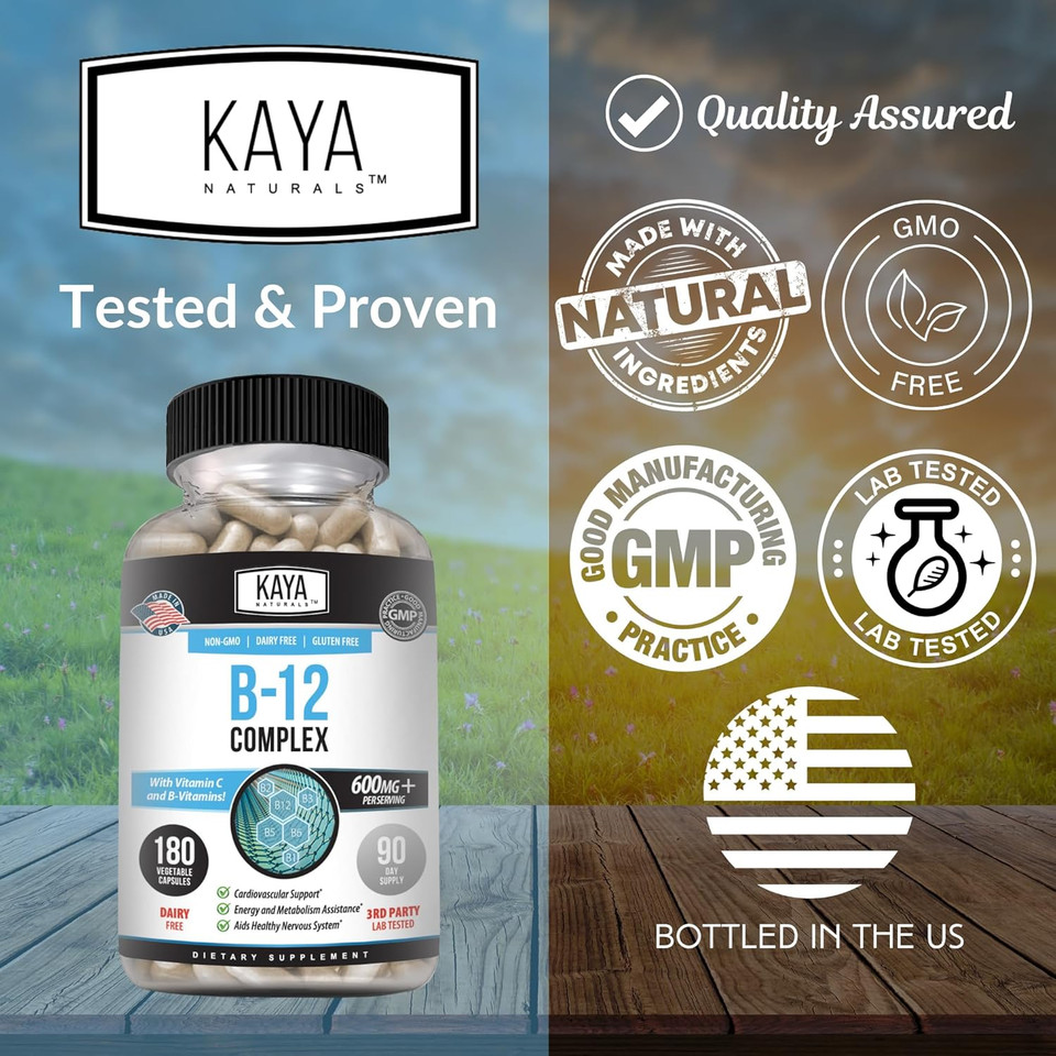 Kaya Naturals B-12 Complex | Multivitamin Supplement For Women & Men | Energy And Metabolism Booster | Vitamin Supplement With Biotin, Choline, Inositol, Folate, And Vitamin C  180 Count