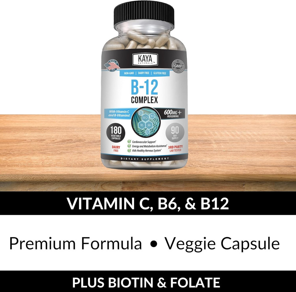 Kaya Naturals B-12 Complex | Multivitamin Supplement For Women & Men | Energy And Metabolism Booster | Vitamin Supplement With Biotin, Choline, Inositol, Folate, And Vitamin C  180 Count
