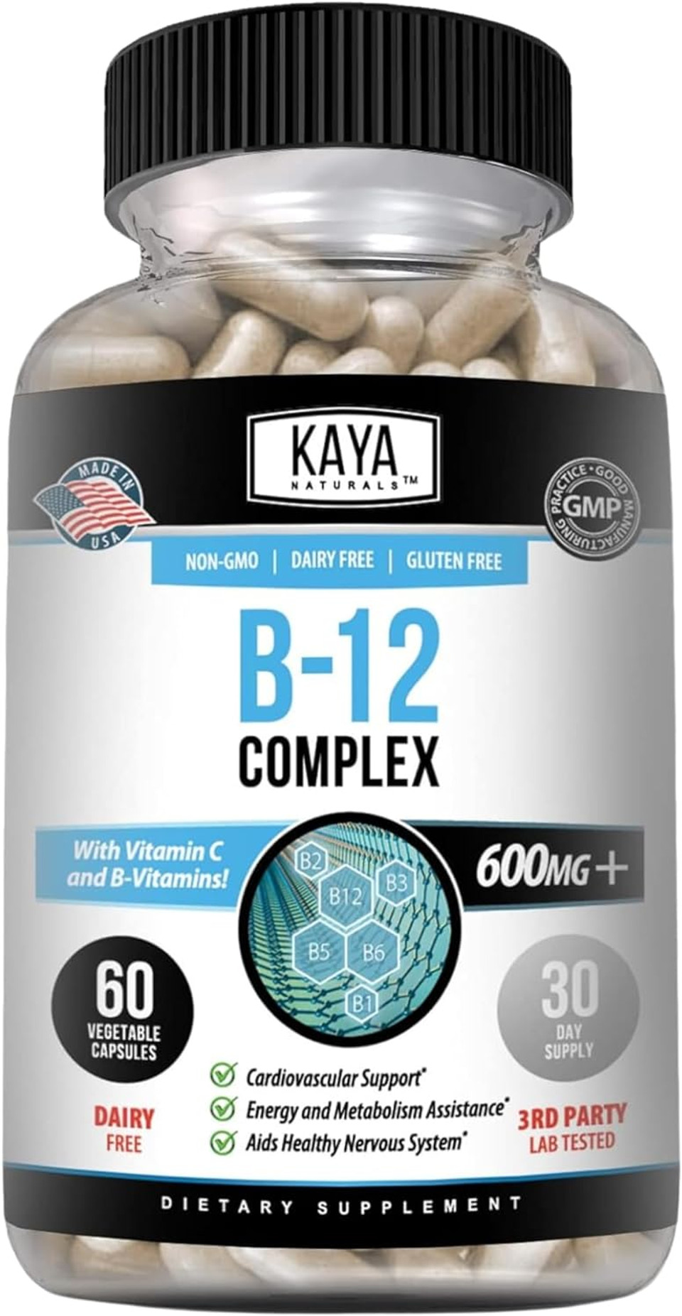 Kaya Naturals B-12 Complex | Multivitamin Supplement For Women & Men | Energy And Metabolism Booster | Vitamin Supplement With Biotin, Choline, Inositol, Folate, And Vitamin C  180 Count