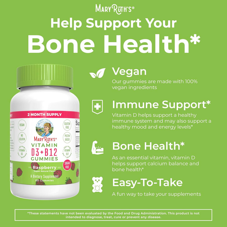 Maryruth'S | Vitamin D3 + Vitamin B12 Gummy Supplements For Adults & Kids | Supports Bone Health | Energy Boost | Raspberry | Sugar Free | Vegan | Non-Gmo | 2 Month Supply