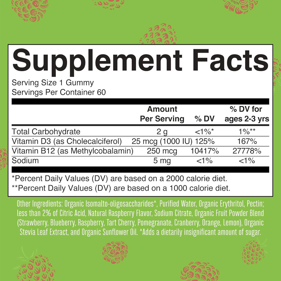 Maryruth'S | Vitamin D3 + Vitamin B12 Gummy Supplements For Adults & Kids | Supports Bone Health | Energy Boost | Raspberry | Sugar Free | Vegan | Non-Gmo | 2 Month Supply