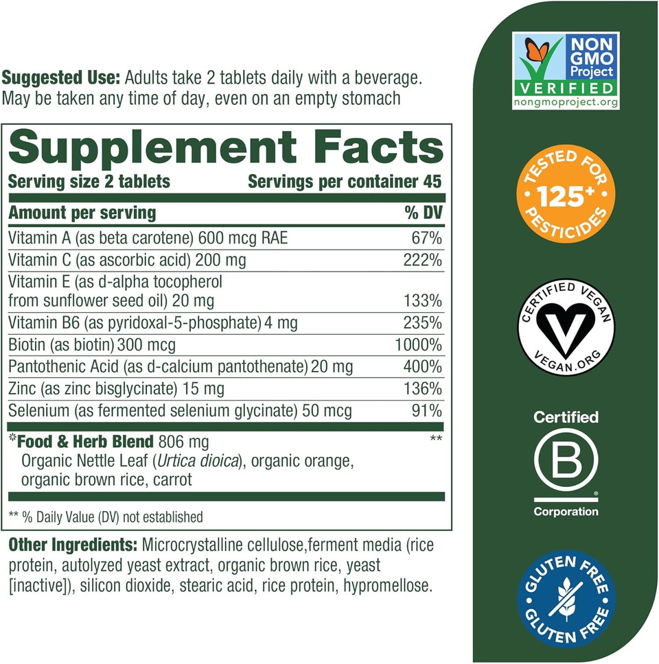 Megafood Skin, Nails & Hair 2 - Vitamins For Women & Men - Biotin, Vitamin A, Vitamin C, Zinc, Vitamin B6, Vitamin E, Pantothenic Acid - Vegan - Made Without 9 Food Allergens - 90 Tabs (45 Servings)