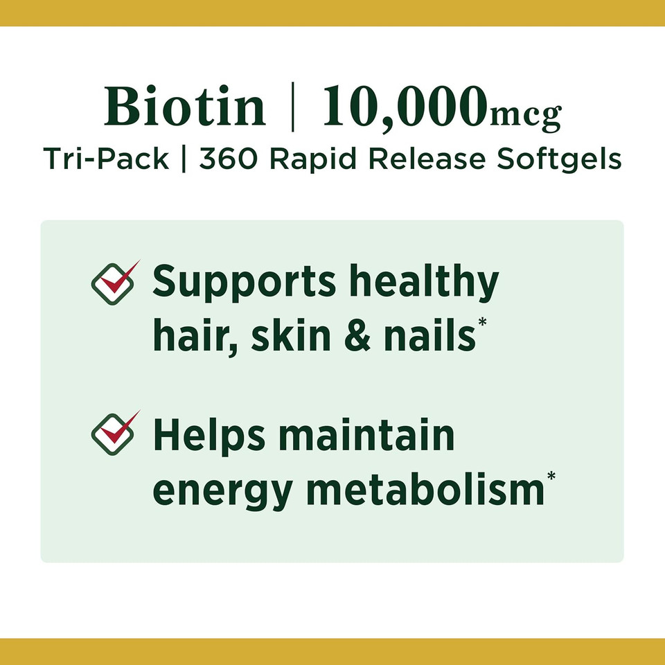 Nature'S Bounty Biotin 10,000Mcg, Supports Beautiful Hair, Glowing Skin And Healthy Nails, Rapid Release Softgels, 120 Count (Pack Of 3)