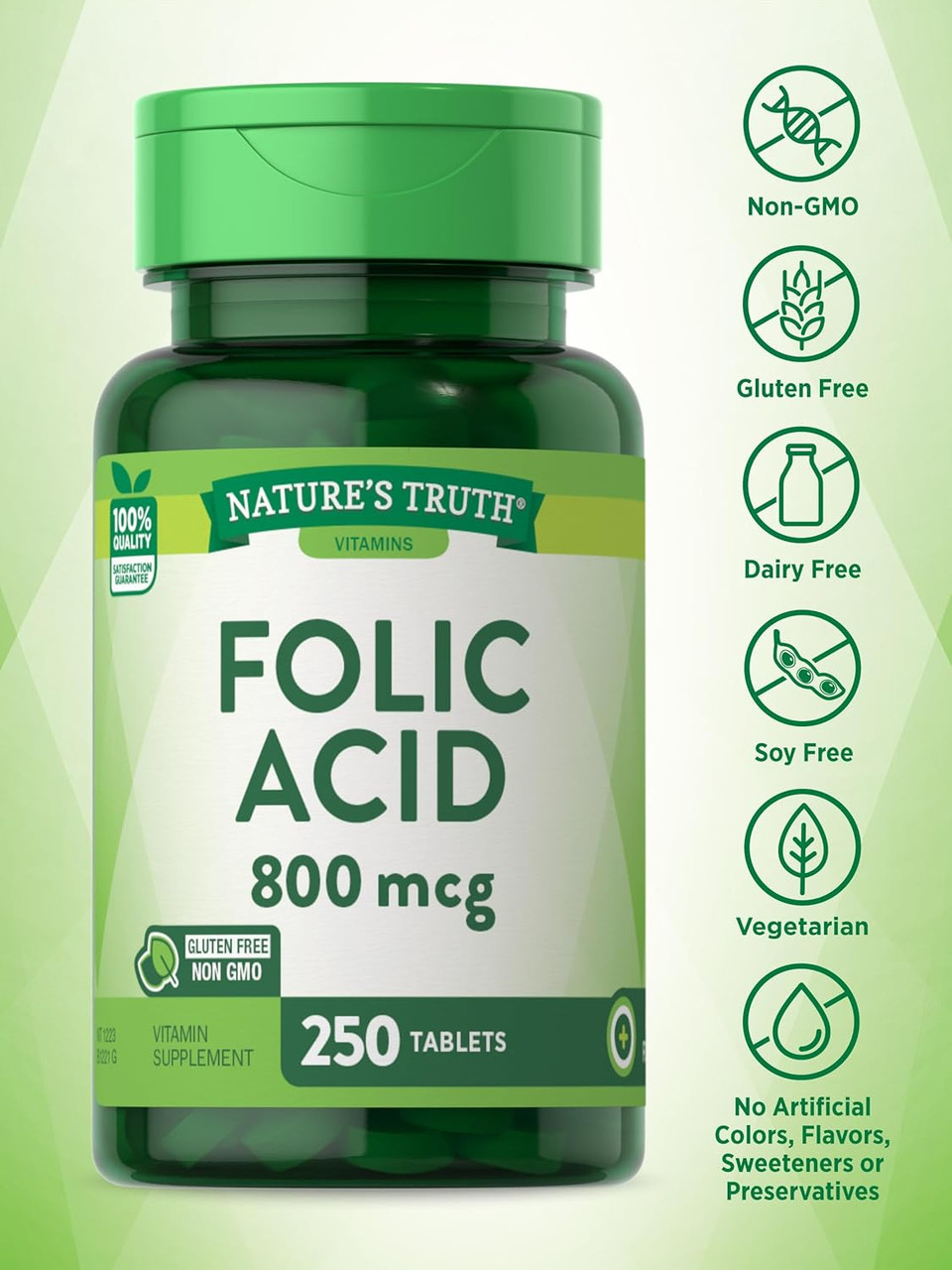 Nature'S Truth Folic Acid | 800 Mcg | 250 Tablets | Vegetarian, Non-Gmo & Gluten Free Supplement
