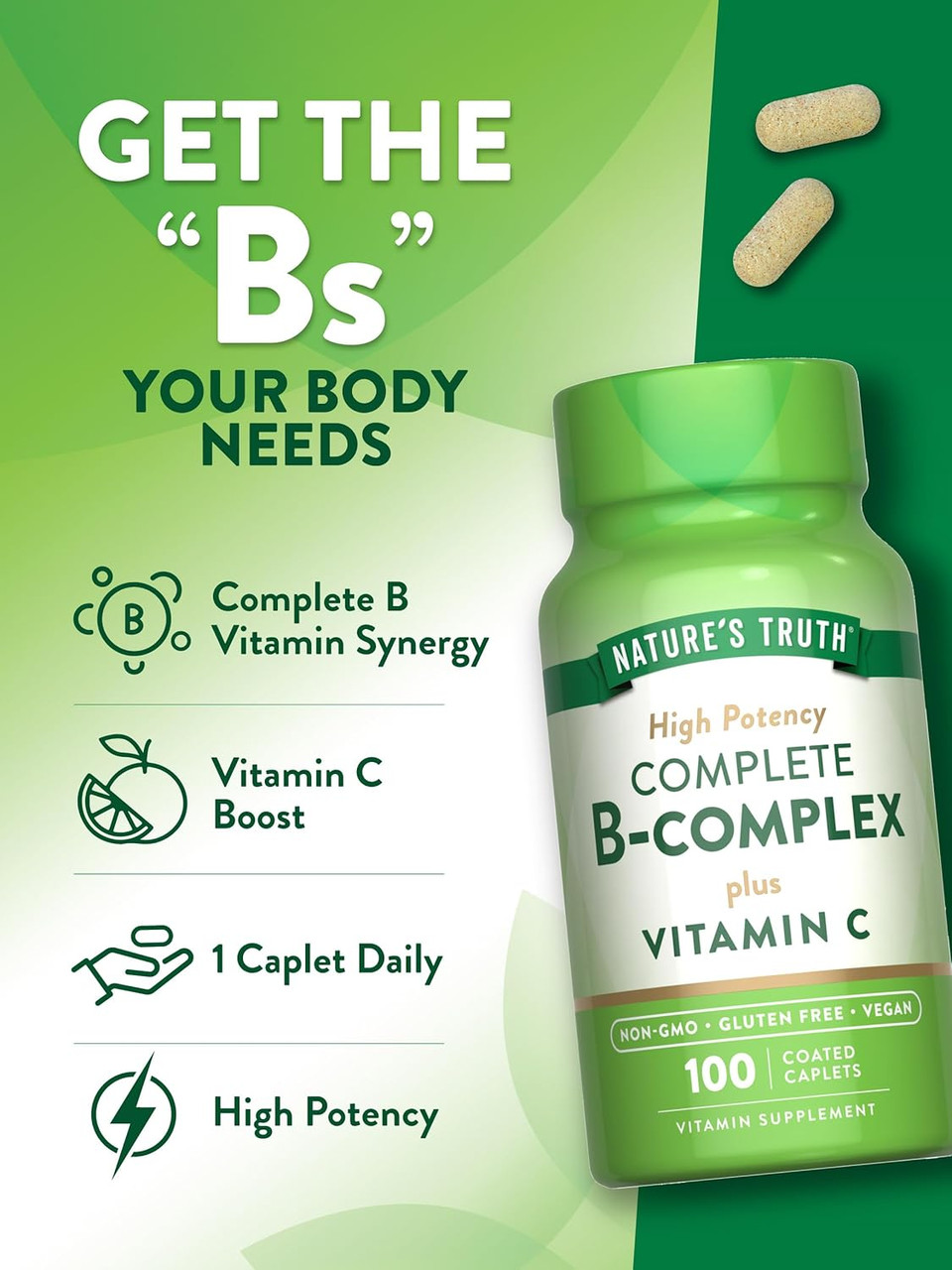 Nature'S Truth Vitamin B Complex Plus Vitamin C | 100 Caplets | Vegan, Non-Gmo & Gluten Free Supplement