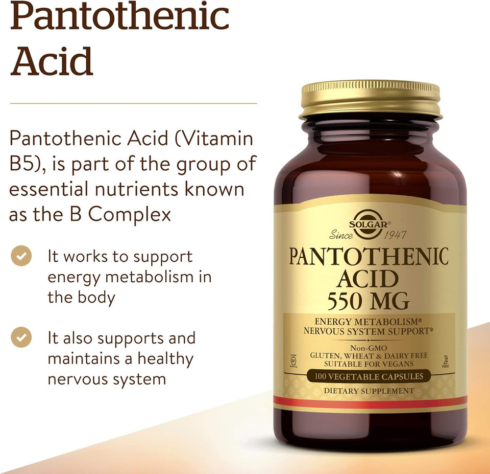 Solgar Pantothenic Acid 550 Mg, 100 Vegetable Capsules - Vitamin B5 - Energy Metabolism, Nervous System Support - Gluten Free, Dairy Free, Kosher - 100 Servings