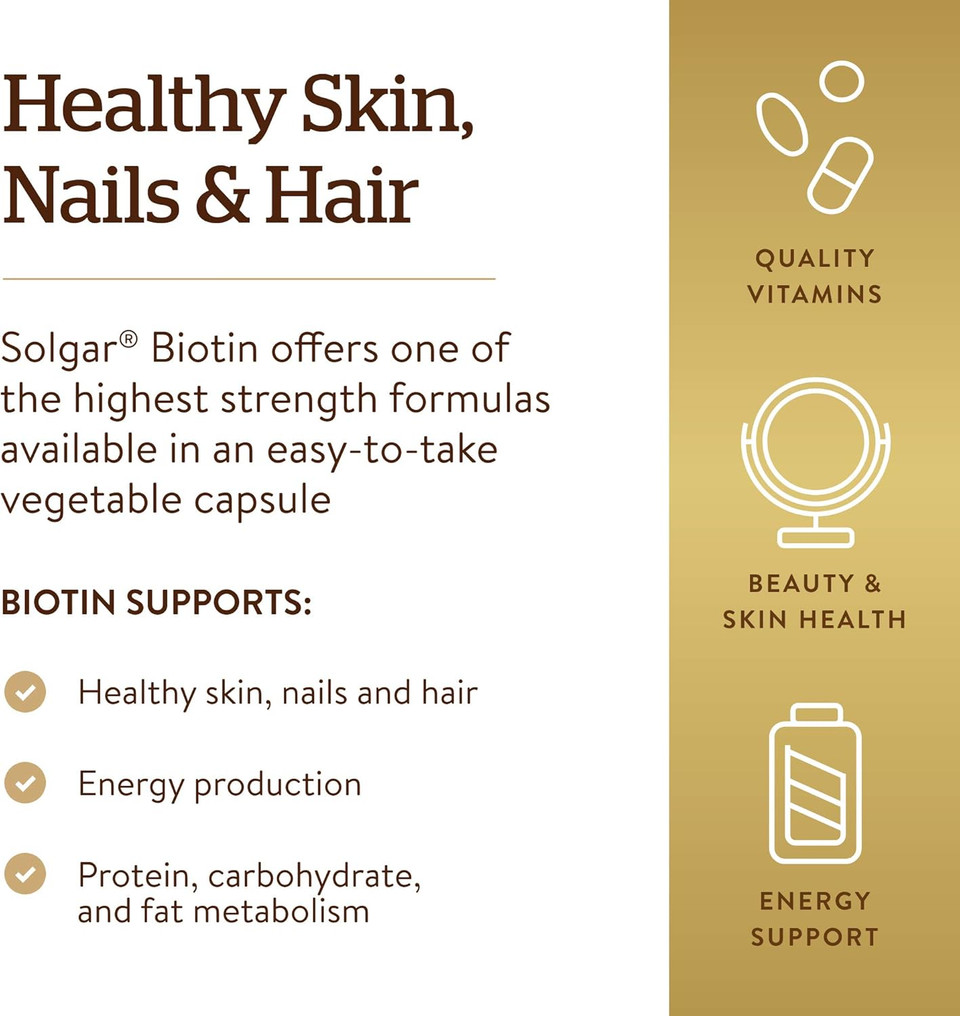 Solgar Biotin 10,000 Mcg, 60 Vegetable Capsules - Energy, Metabolism, Promotes Healthy Skin, Nails & Hair - Super High Potency - Non-Gmo, Vegan, Gluten Free, Dairy Free, Kosher - 60 Servings