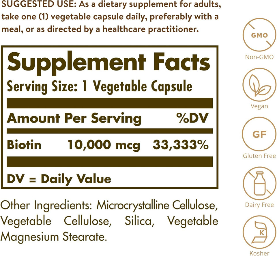 Solgar Biotin 10,000 Mcg, 60 Vegetable Capsules - Energy, Metabolism, Promotes Healthy Skin, Nails & Hair - Super High Potency - Non-Gmo, Vegan, Gluten Free, Dairy Free, Kosher - 60 Servings