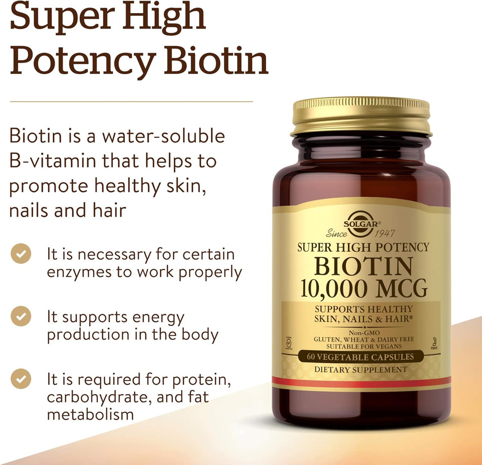 Solgar Biotin 10,000 Mcg, 60 Vegetable Capsules - Energy, Metabolism, Promotes Healthy Skin, Nails & Hair - Super High Potency - Non-Gmo, Vegan, Gluten Free, Dairy Free, Kosher - 60 Servings