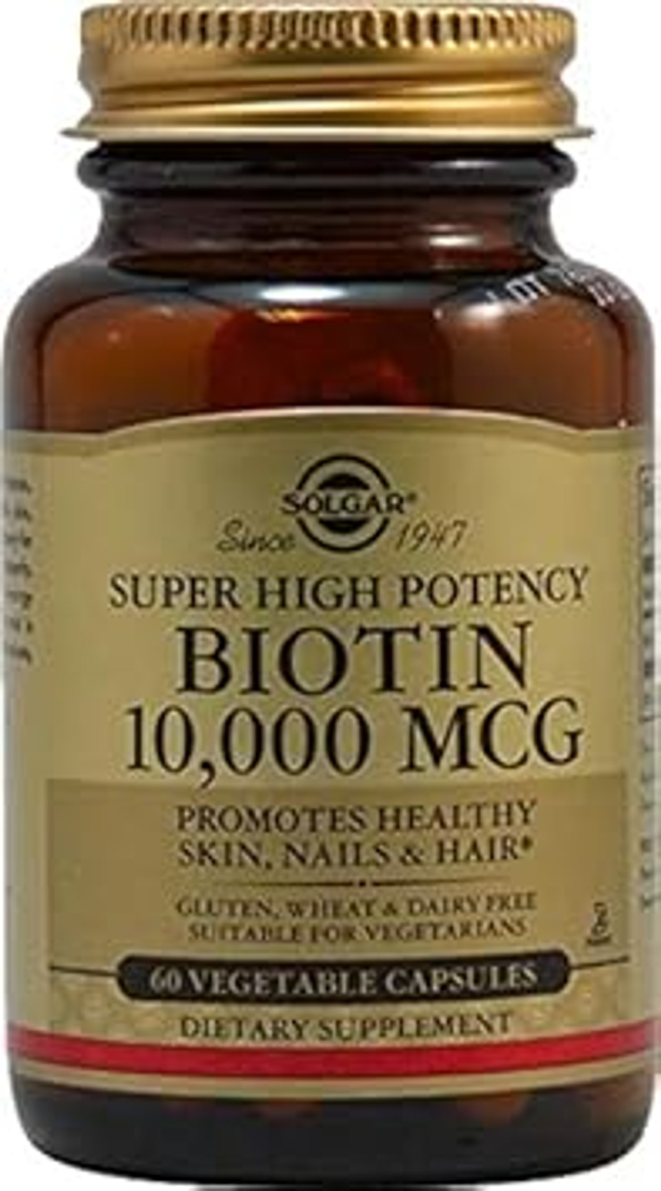 Solgar Biotin 10,000 Mcg, 60 Vegetable Capsules - Energy, Metabolism, Promotes Healthy Skin, Nails & Hair - Super High Potency - Non-Gmo, Vegan, Gluten Free, Dairy Free, Kosher - 60 Servings