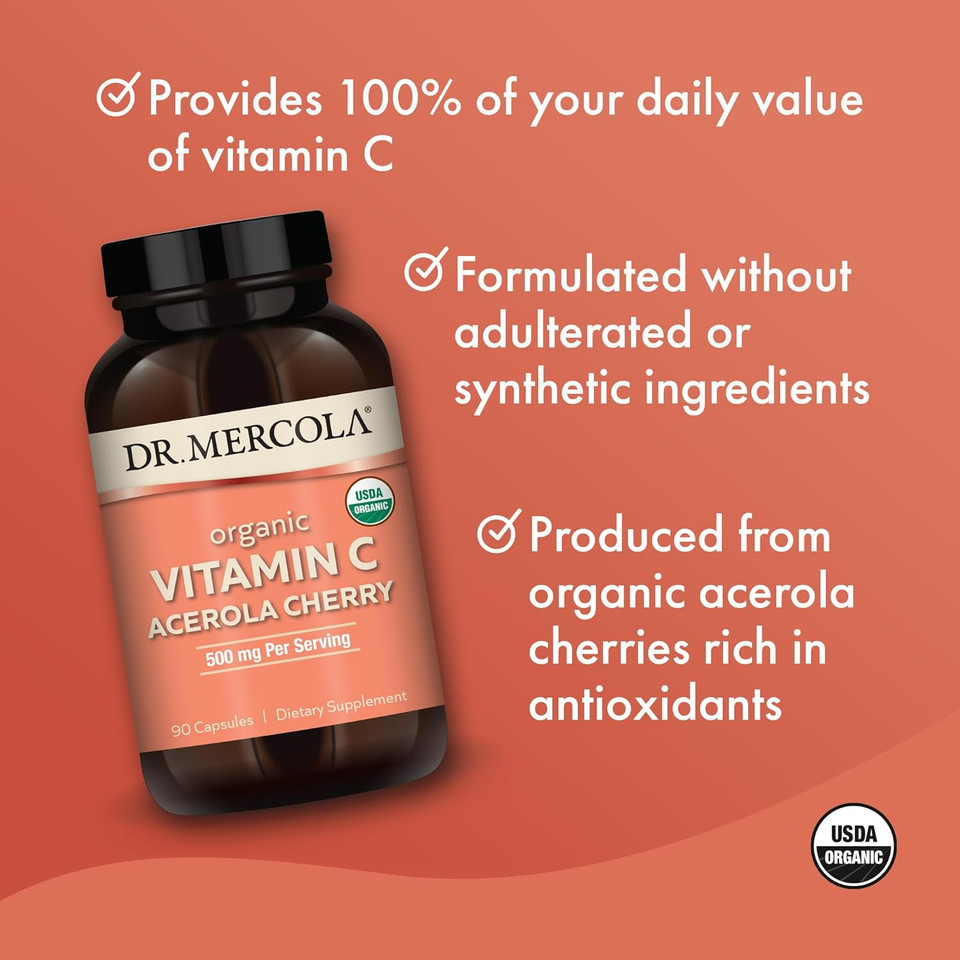 Dr. Mercola Organic Vitamin C Acerola Cherry, 30 Servings (90 Capsules), 500 Mg Per Serving, Dietary Supplement, Supports Healthy Immune Function, Non-Gmo, Certified Usda Organic