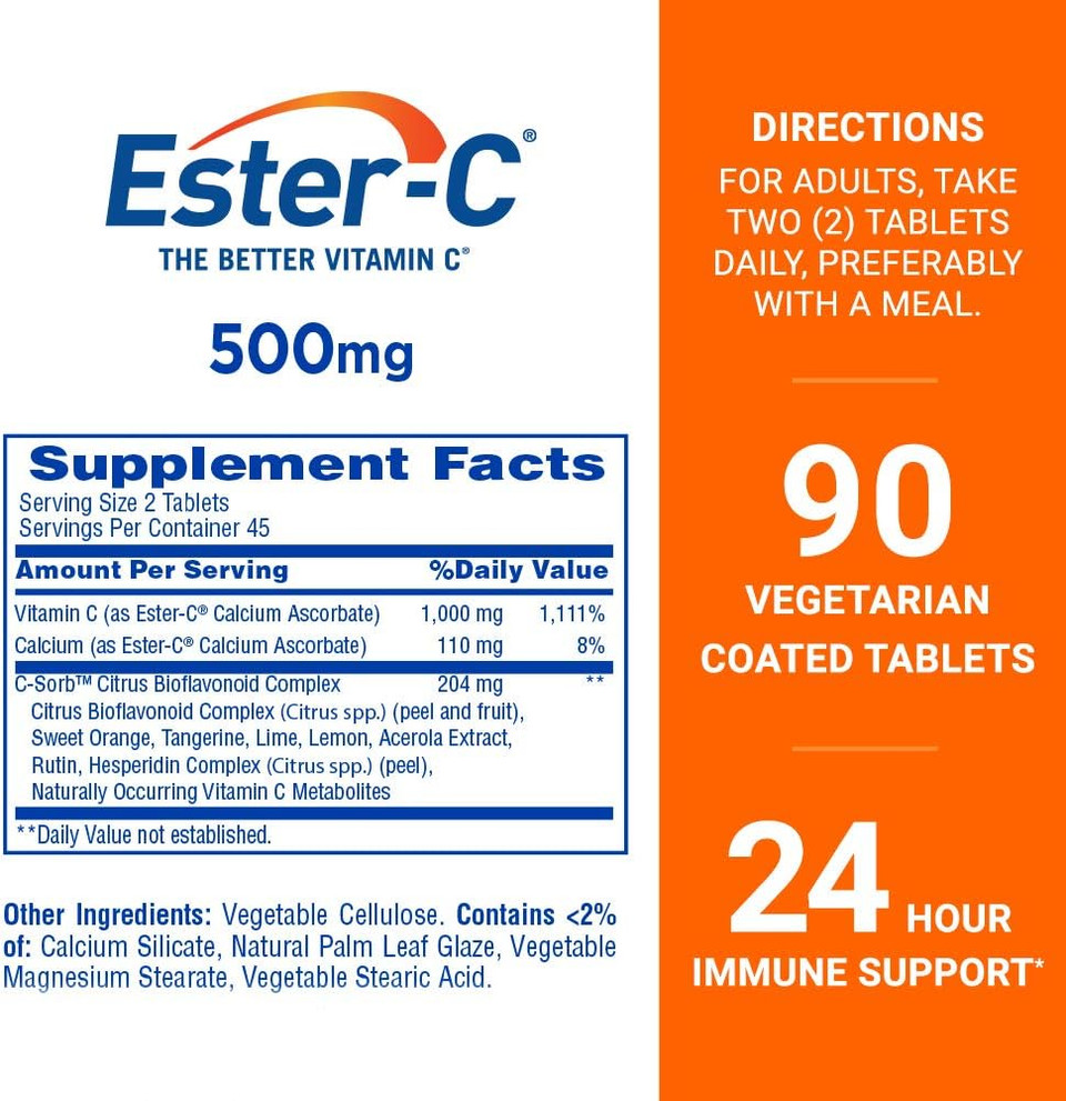 Ester-C 500 Mg 24 Hour Vitamin C Tablets For Immune Support, Vitamin C Supplement, 90 Count