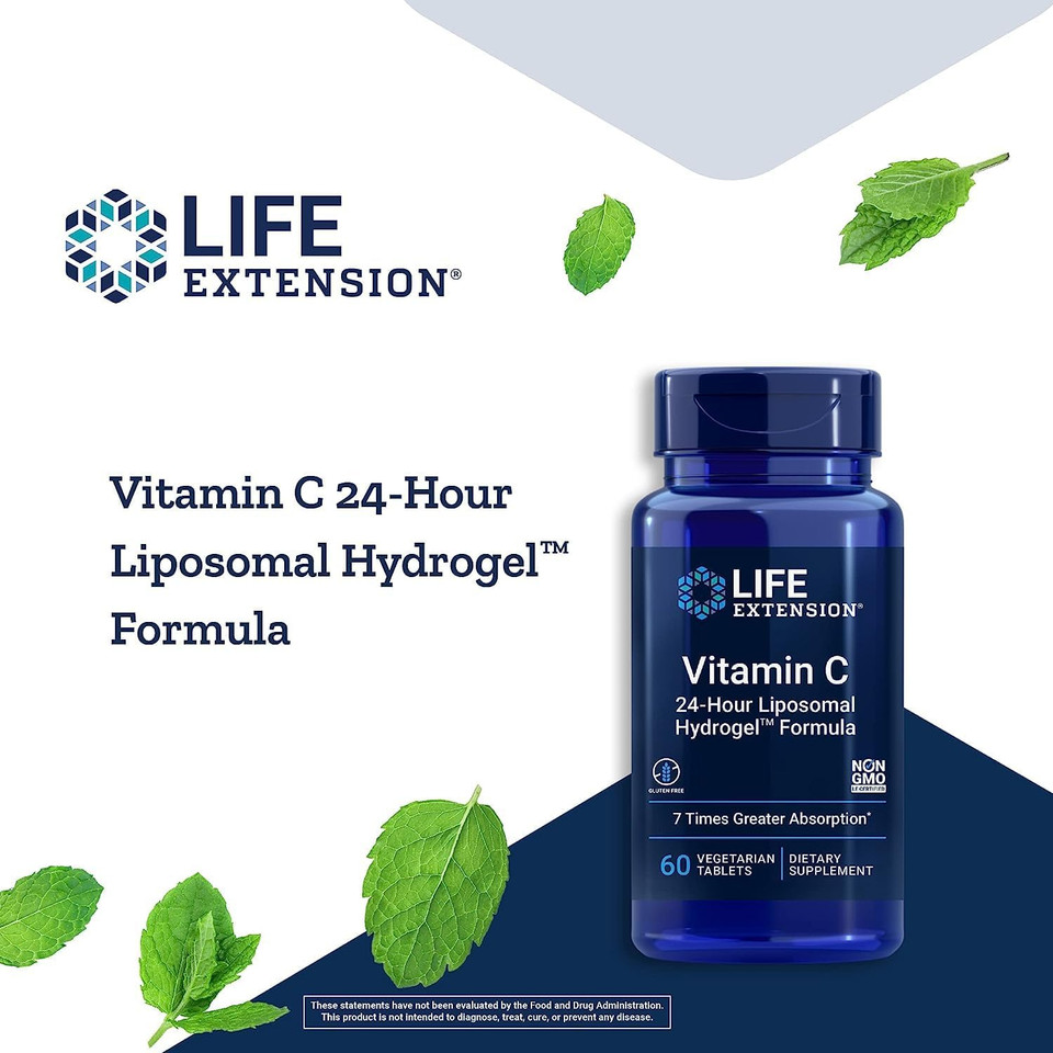 Life Extension Vitamin C 24-Hour Liposomal Hydrogel Formula  Liposomal Vitamin C Supplement For Immune & Skin Health With Calcium - Vegetarian, Gluten-Free, Non-Gmo  60 Tablets