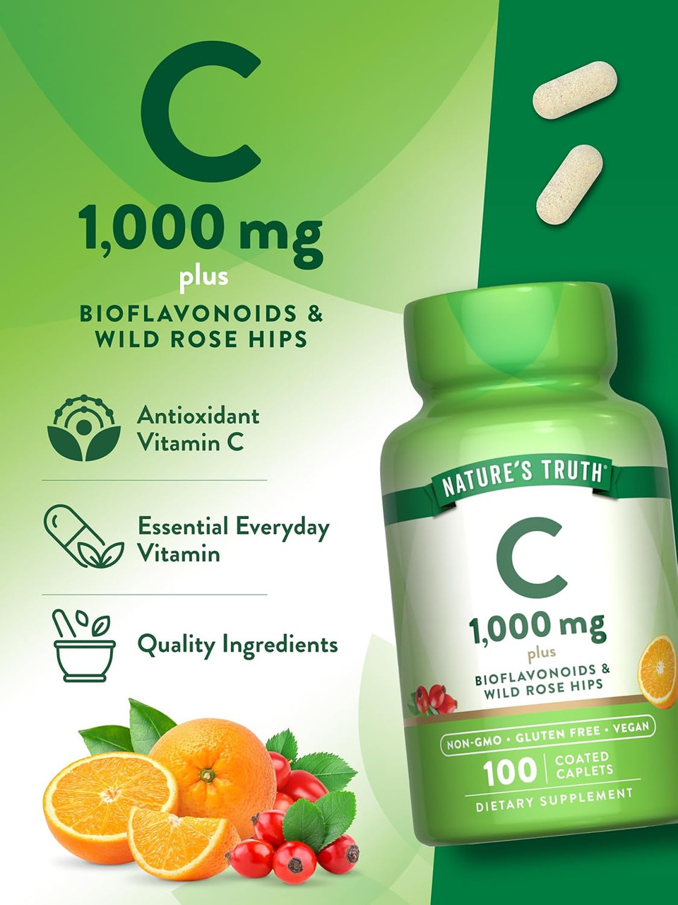 Vitamin C Bioflavonoids & Rose Hips | 1000Mg | 100 Caplets | Vegetarian, Non-Gmo, Gluten Free | By Nature'S Truth