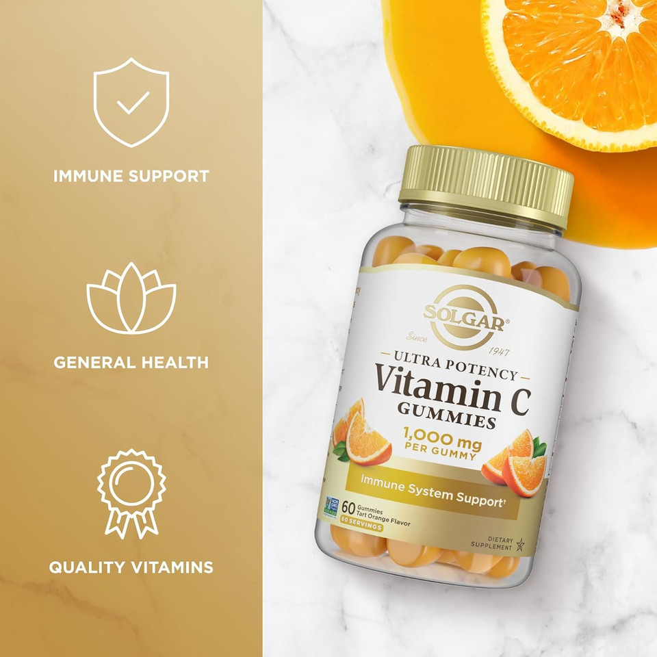 Solgar Vitamin C Gummies For Adults 1,000Mg Ultra Potency Vitamin C Immune System Support For Women & Men - Tasty Tart Orange Flavor, Vegan & Gluten Free Gummy, 2 Month Supply, 60 Servings, 2G Sugar