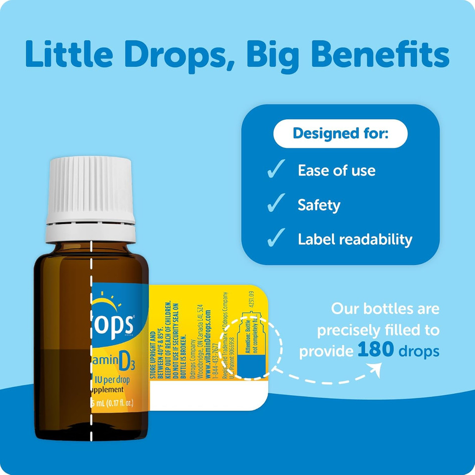 Ddrops Adults 1000 Iu 180 Drops, Liquid Vitamin D. Supports Strong Bones & Immune System. No Large Capsules, No Preservatives, Non-Gmo, Allergy-Friendly