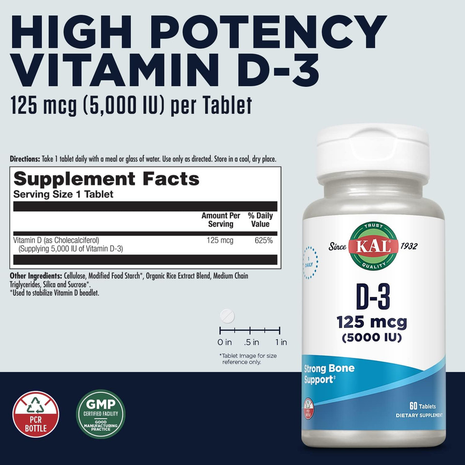 Kal Vitamin D3 5000 Iu Softgels (125 Mcg), Active Form Of Vitamin D, Calcium Absorption, Bone Health, Immune Support Supplement, Liquid Filled Activgels, Made Without Soy, 90 Servings, 90 Softgels