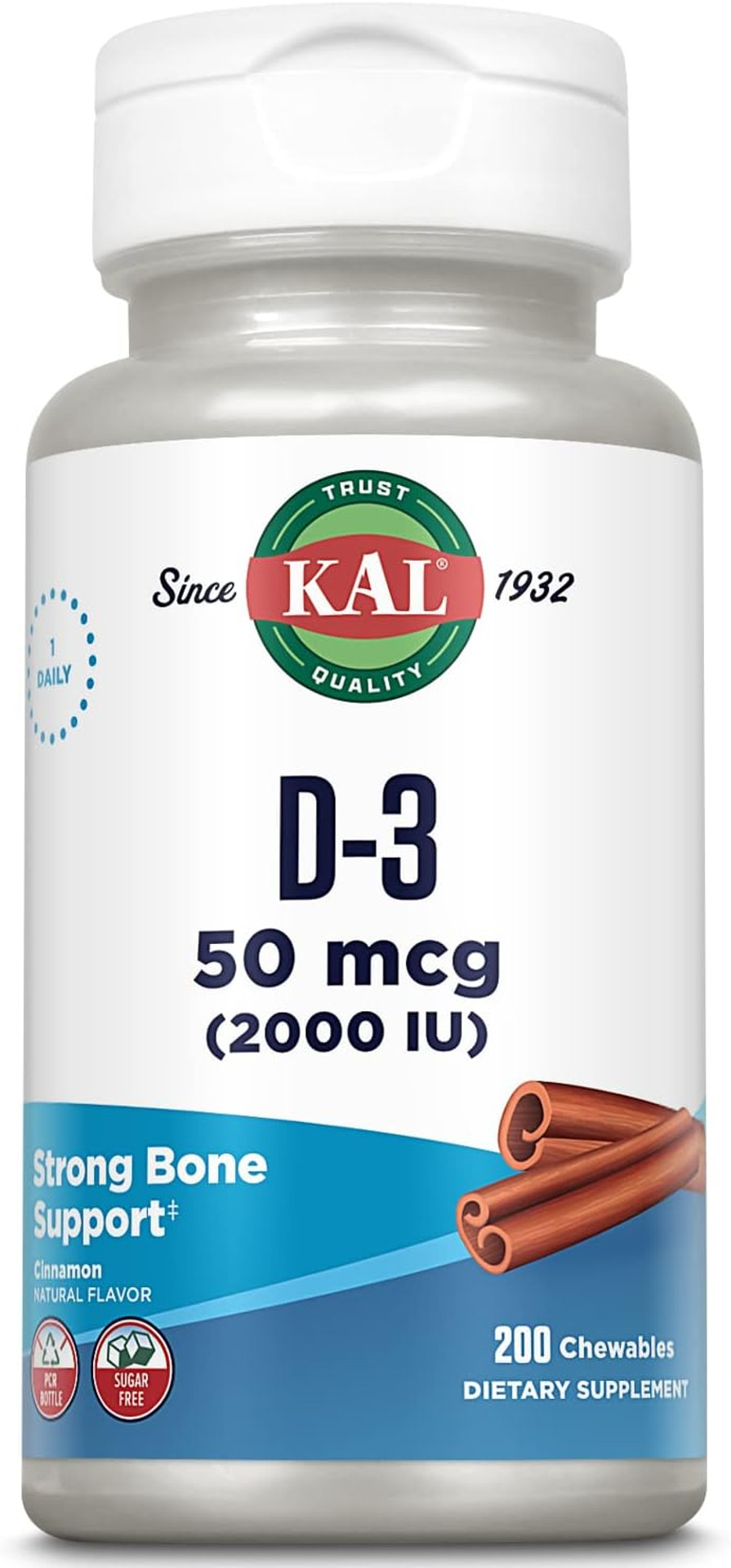 Kal Vitamin D3 Chewables 50 Mcg, Vitamin D 2000 Iu As Cholecalciferol, Sugar Free, Natural Cinnamon Flavor D3 Vitamin, Immune Support & Bone Health, 200 Servings, 200 Chewables