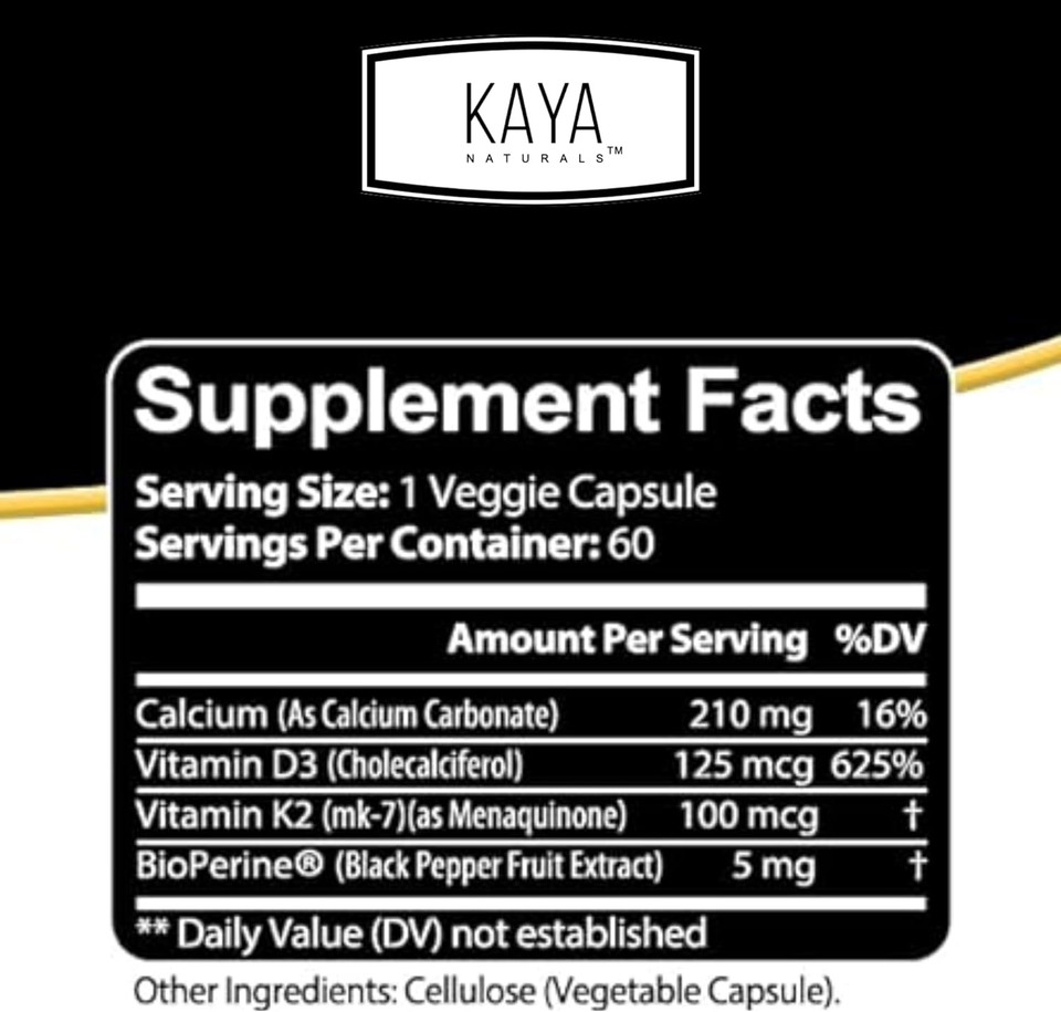 Kaya Naturals Vitamins K2 With D3 5000Iu Supplement - Bone And Heart Health Supplement - Easy To Swallow Supplement - Bioperine Capsules - 60 Veggie Count