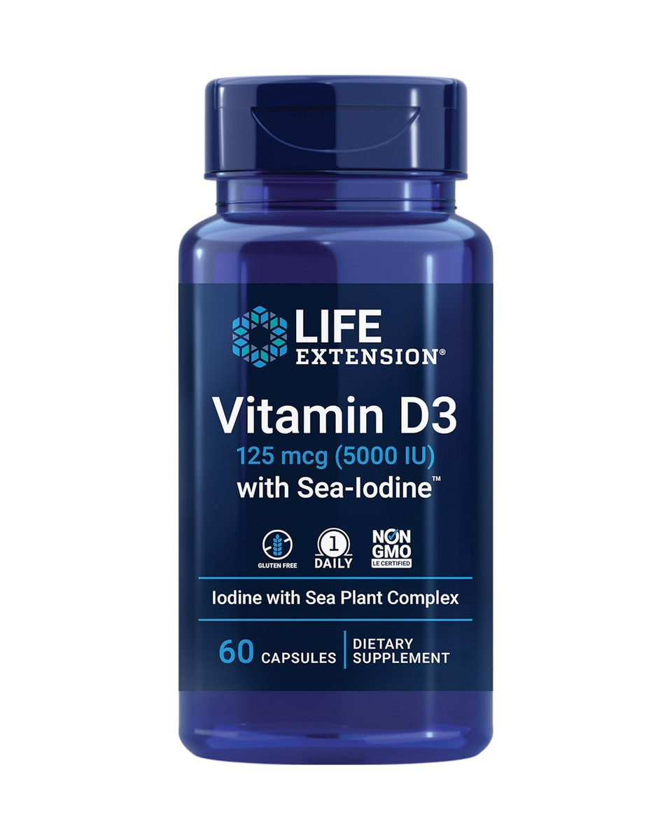 Life Extension Vitamin D3 125 Mcg (5000 Iu) With Sea-Iodine For Bone, Brain & Thyroid Support  Gluten-Free, Once Daily, Non-Gmo  60 Capsules