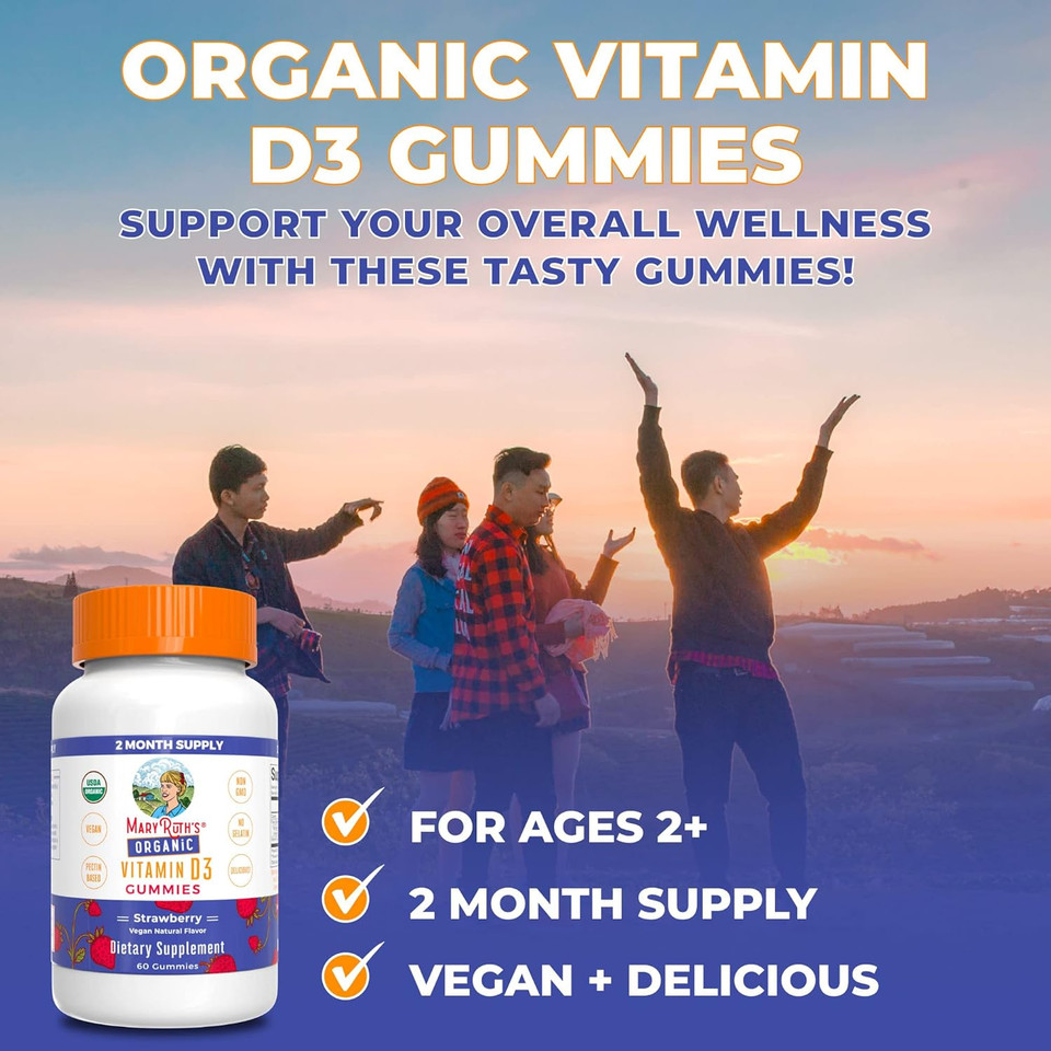 Maryruth Organics Vitamin D3 Gummies | 1000 Iu | Usda Organic | Immune Support| Bone Health | Muscle Function | For Adults & Kids Ages 2+ | Vegan | Gluten Free | 2 Month Supply | 60 Count