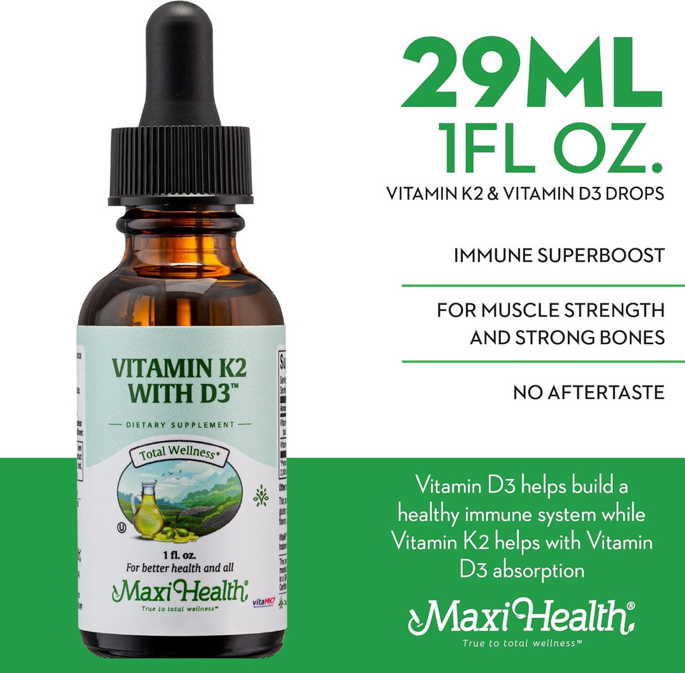 Maxi Health Liquid Vitamin D3 With K2 Drops For Long-Term Health - Vitamin K2 D3 Vitamin Supplement - D3 K2 Vitamin K And Vitamin D Supplement With Vitamin K2 Mk-7 And Vit D - By Maxi Health, 1 Fl Oz