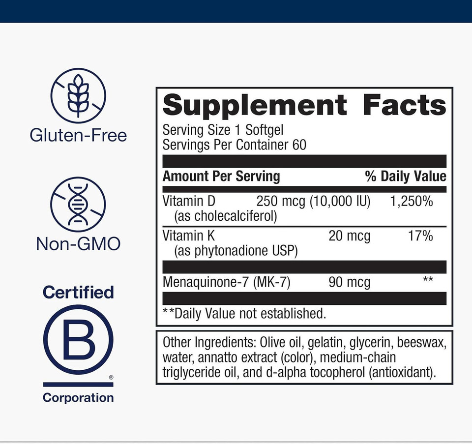 Metagenics Vitamin D3 + K - For Immune Support, Bone Health & Heart Health* - Vitamin D With Mk-7 (Vitamin K2) - Non-Gmo - Gluten-Free - 60 Softgels - 5,000 Iu