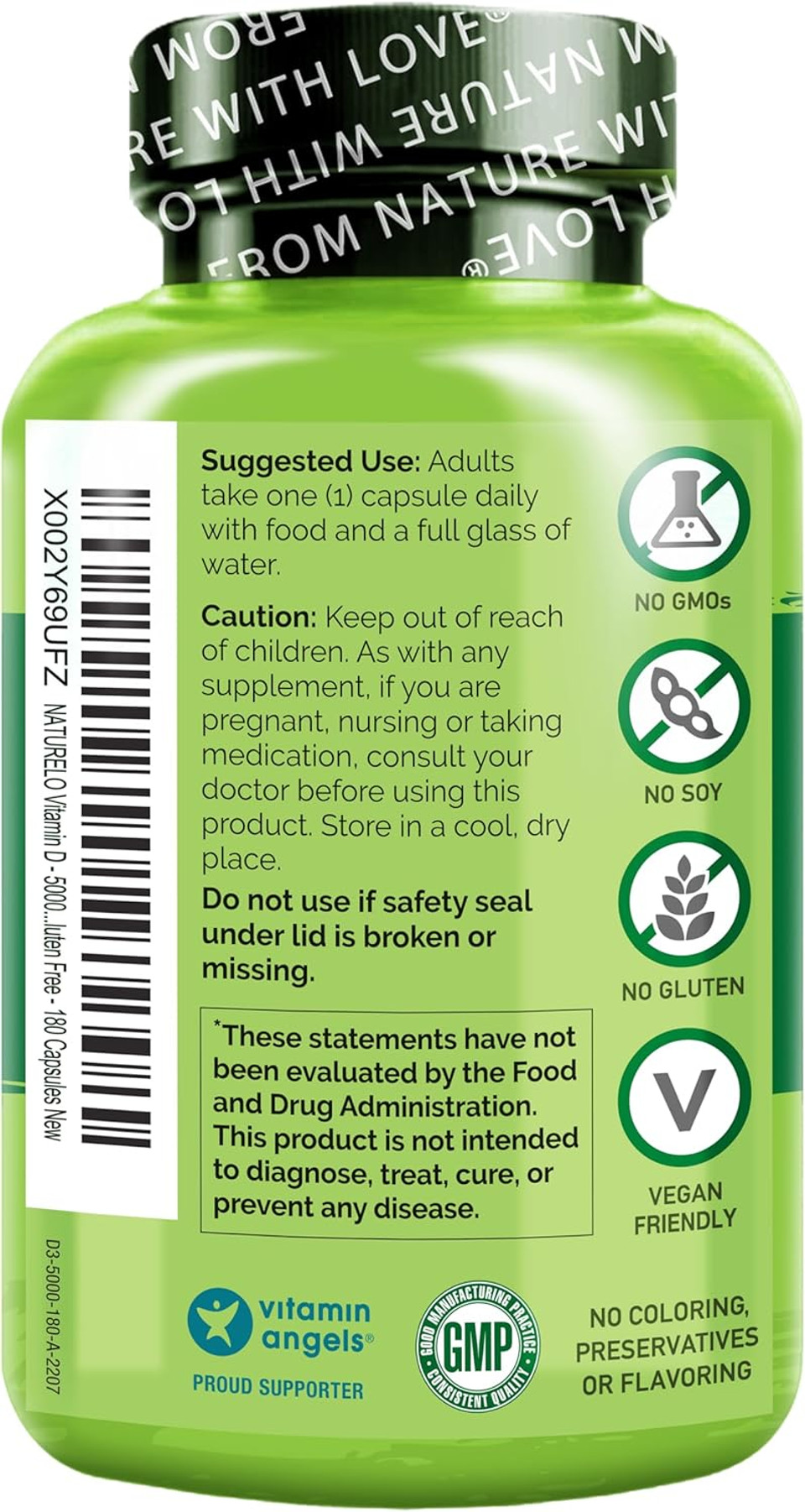 Naturelo Vitamin D - 5000 Iu - Plant Based From Lichen - Natural D3 Supplement For Immune System, Bone Support, Joint Health - High Potency - Vegan - Non-Gmo - Gluten Free - 180 Capsules