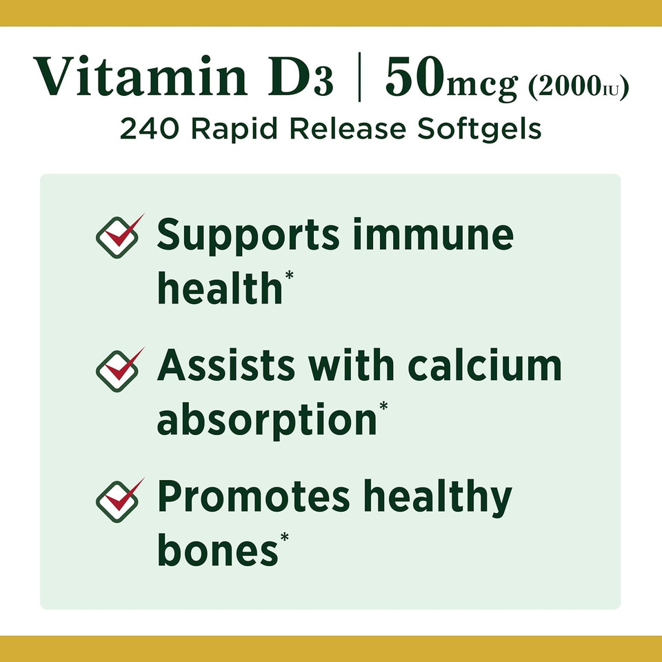 Nature'S Bounty Vitamin D3, Immune And Bone Support, Vitamin Supplement, 2000Iu, 240 Rapid Release Softgels