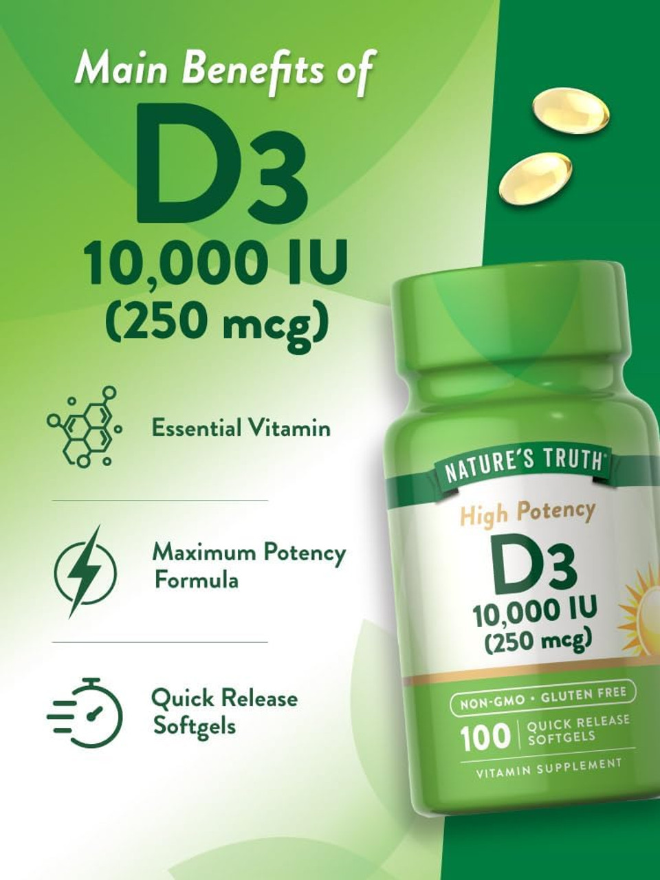 Nature'S Truth Vitamin D3 10000 Iu Softgels | 100 Count | High Potency Formula | Non-Gmo And Gluten Free Supplement