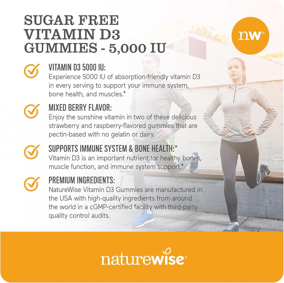 Naturewise Vitamin D3 5000 Iu Gummies - Sugar-Free Mixed Berry Flavor - Vitamin D Gummies For Adults, Supports Immunity, Muscle & Bone Strength - Gelatin-Free, Non-Gmo- 60 Gummies[1-Month Supply]
