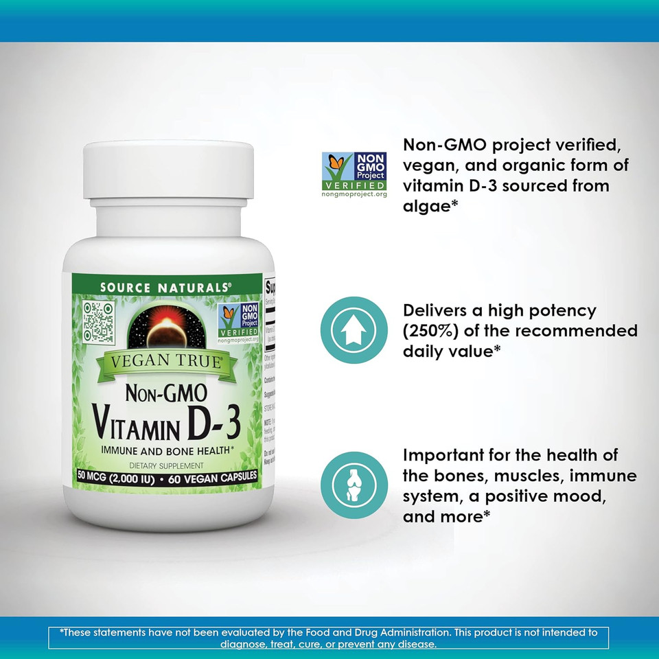 Source Naturals Vegan True, Non-Gmo Vitamin D-3, 2,000 Iu, For Immune And Bone Health* (60 Capsules)
