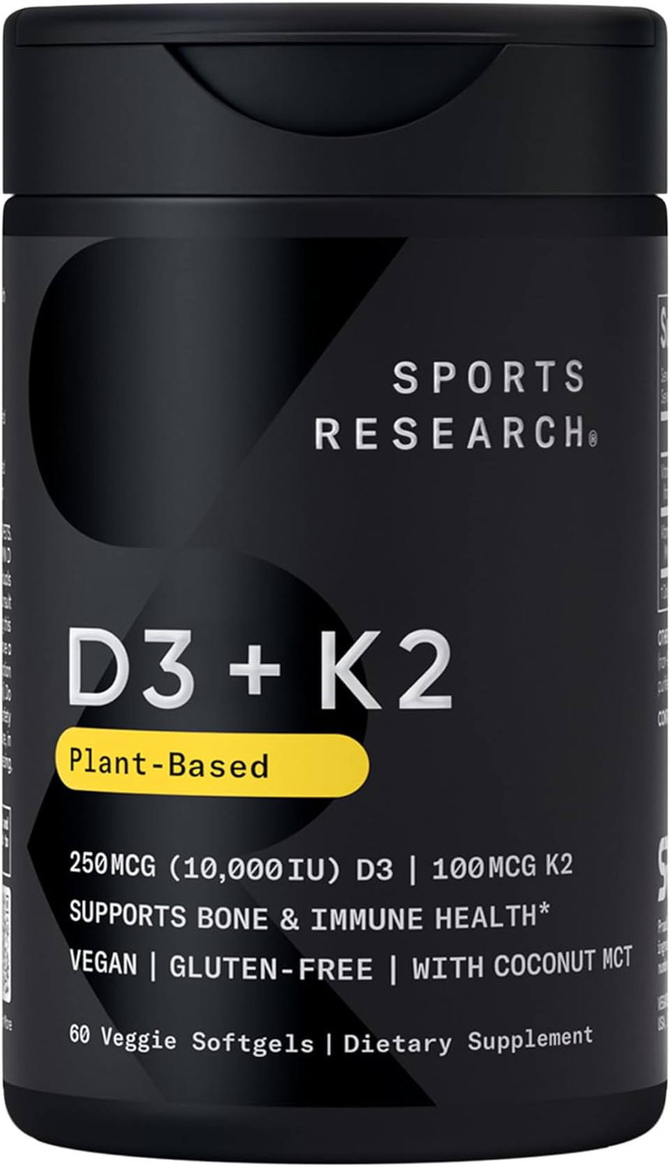 Sports Researchã¢Â® Vitamin D3 + K2 With Coconut Oil | Vegan D3 10,000Iu (250Mcg) & Plant Based Vitamin K2 (100Mcg) Supplement | Vegan Certified, Soy & Gluten Free - 60 Softgels