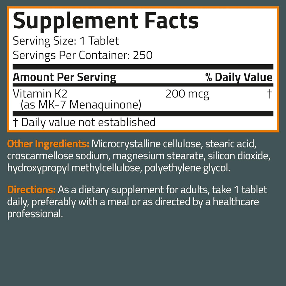 Bronson Vitamin K2 Mk-7 200Mcg Extra Strength, 250 Vegetarian Tablets