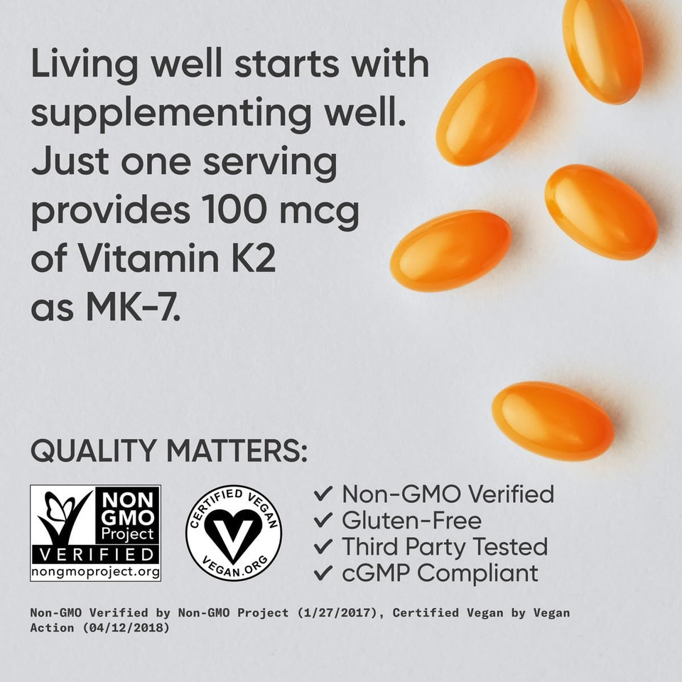 Sports Research Vitamin K2 As Mk-7 100Mcg With Coconut Mct Oil - 60 Veggie Softgels (2 Month Supply) Vegan Certified, Non-Gmo Verified, Gluten & Soy Free - Citrus Aroma