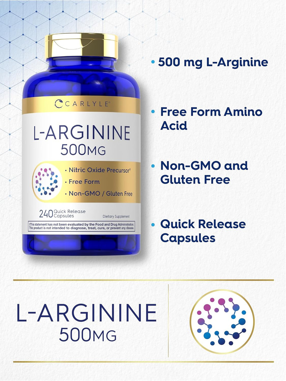 Carlyle L-Arginine 500Mg Capsules | 240 Count | Free Form | Non-Gmo & Gluten Free Supplement