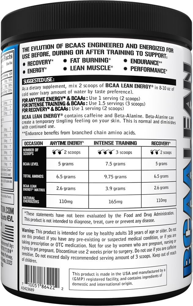 Evl Bcaa Lean Energy Powder - Pre Workout Green Tea Fat Burner Support With Bcaas Amino Acids And Clean Energizers - Bcaa Powder Post Workout Recovery Drink For Lean Muscle Recovery - Furious Grape