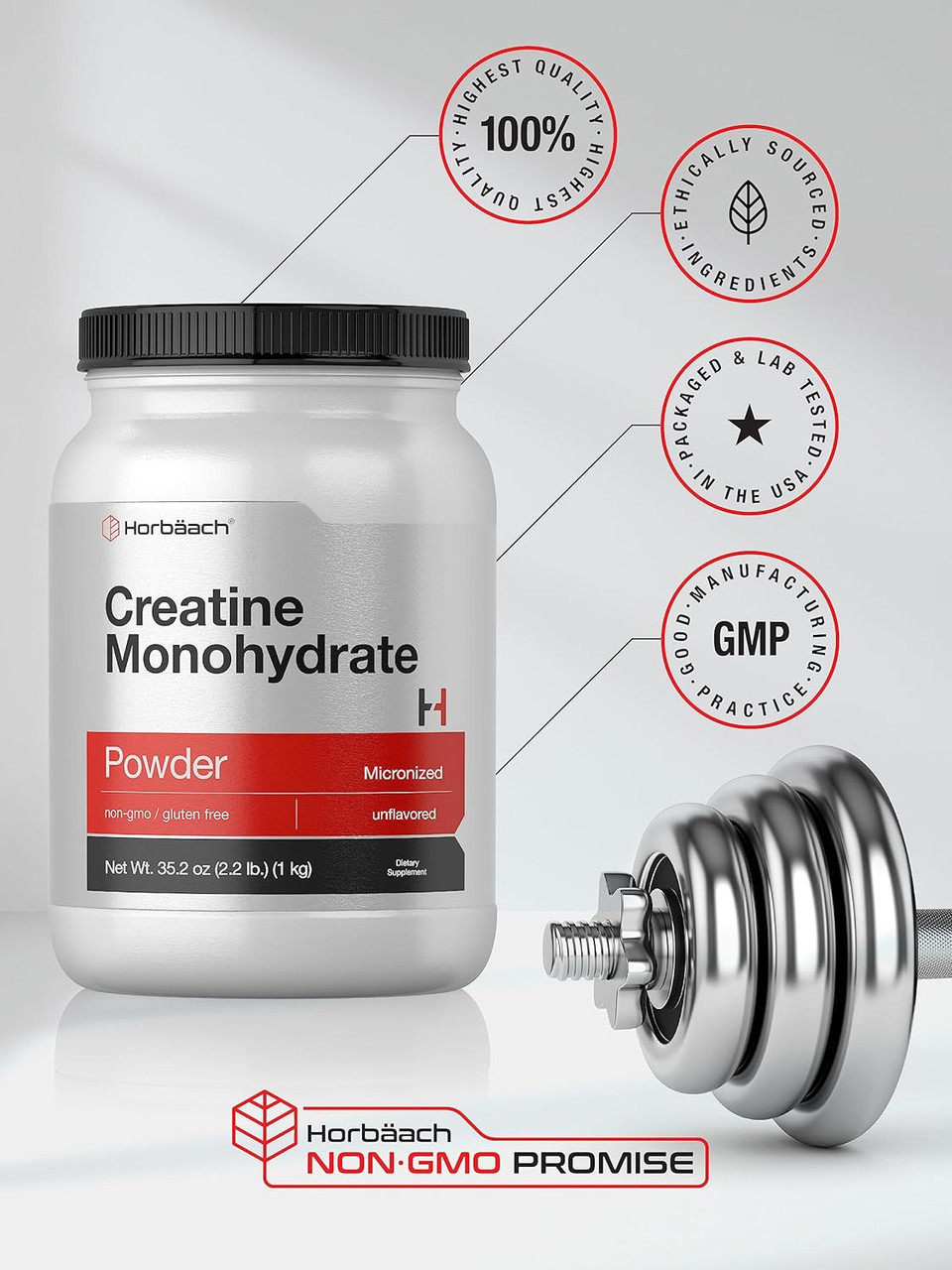 Horbã£Â¤Ach Creatine Monohydrate Powder | 2.2Lbs (35.2 Oz) | Hplc Purity Tested | Vegetarian, Non-Gmo, & Gluten Free Supplement