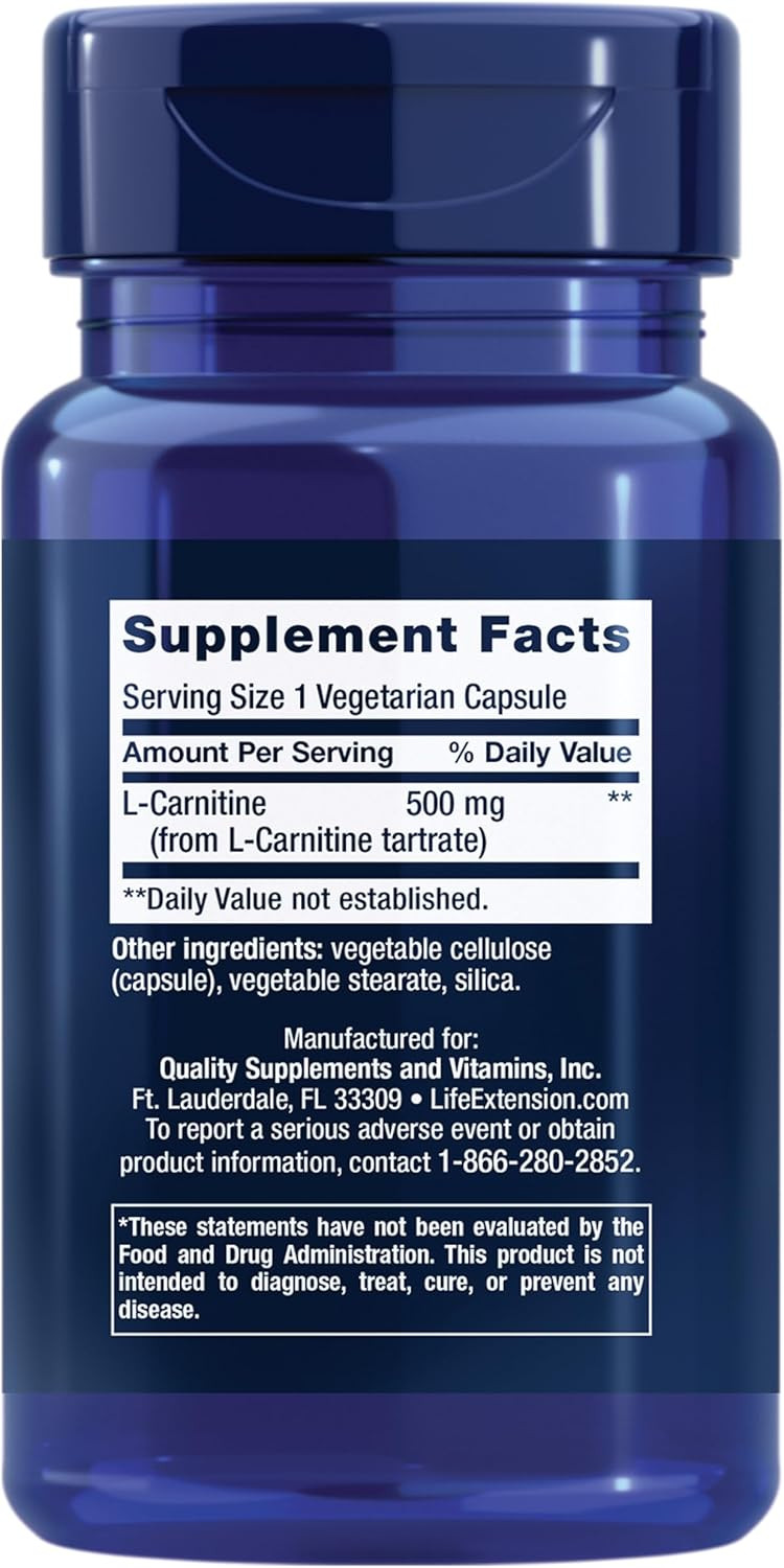 Life Extension L-Carnitine  500 Mg, Energy Supplement, Memory Supplement  Free Form Amino Acid, Nitric Oxide Support, Healthy Blood Pressure  Gluten-Free, Non-Gmo, Vegetarian  30 Capsules