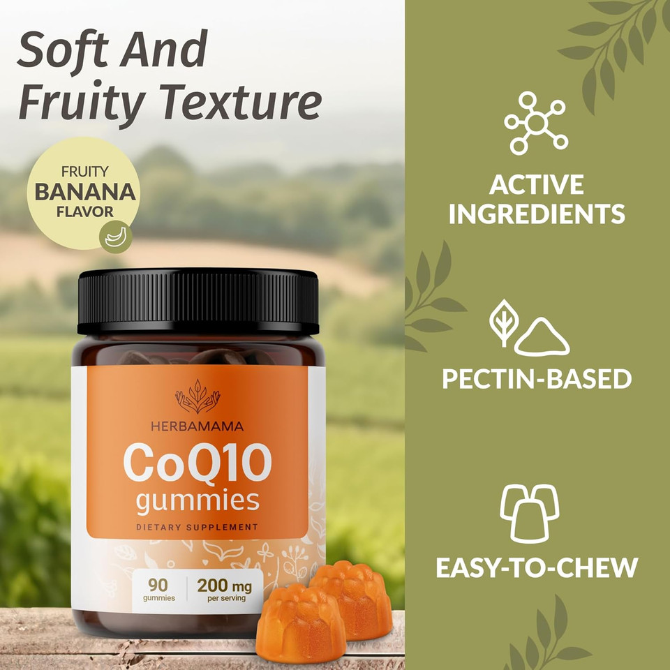 Herbamama Coq10 Gummies For Adults - 200 Mg Coq10 For Antioxidant Support - Vegan, Gelatin-Free, Non-Gmo - 60 Banana-Flavored Coenzyme Q10 Chews