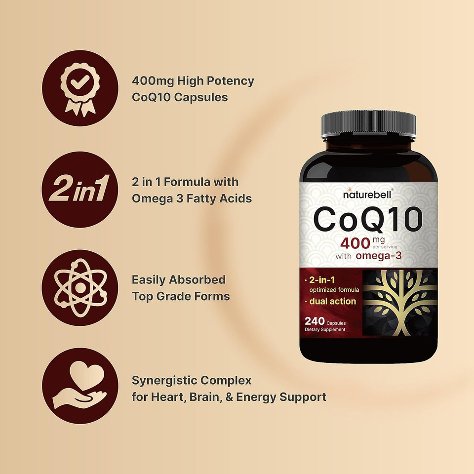 Coq10 400Mg With Omega 3 Fatty Acids, 240* Capsules | Stable High Absorption Form  Antioxidant Support For Heart & Energy Health  Extra Strength Coenzyme Q10 Supplement