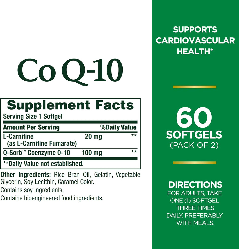 Nature'S Bounty Coq10 100Mg Plus L-Carnitine, Supports Heart Health, Dietary Supplement Twin Pack, 120 Softgels