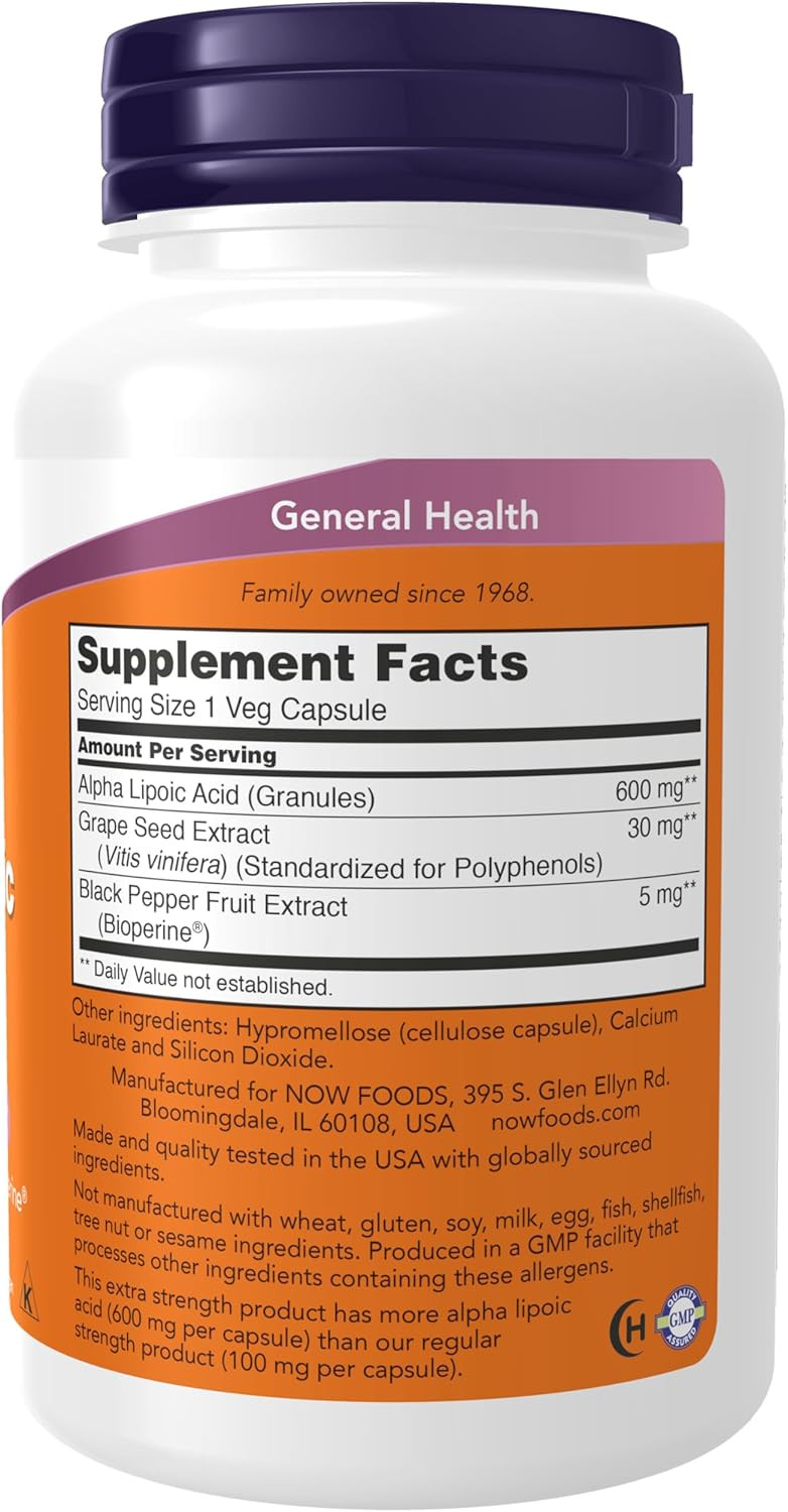 Now Foods Supplements, Alpha Lipoic Acid 600 Mg With Grape Seed Extract & Bioperineã¢Â®, Extra Strength, 120 Veg Capsules
