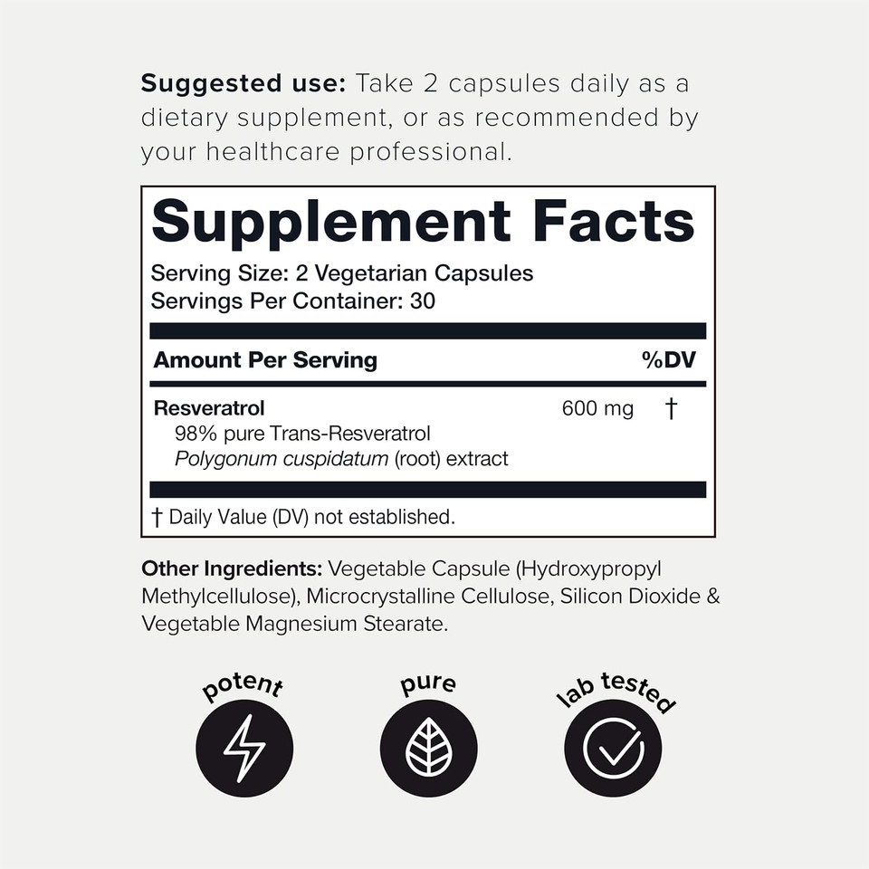 Toniiq Ultra High Purity Resveratrol Capsules - 98% Trans-Resveratrol - Highly Purified And Bioavailable - 60 Caps Reservatrol Supplement