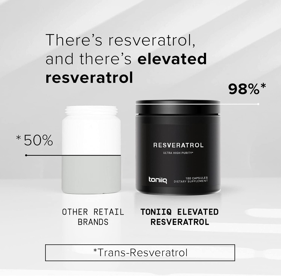 Toniiq Ultra High Purity Resveratrol Capsules - 98% Trans-Resveratrol - Highly Purified And Bioavailable - 180 Caps Reservatrol Supplement