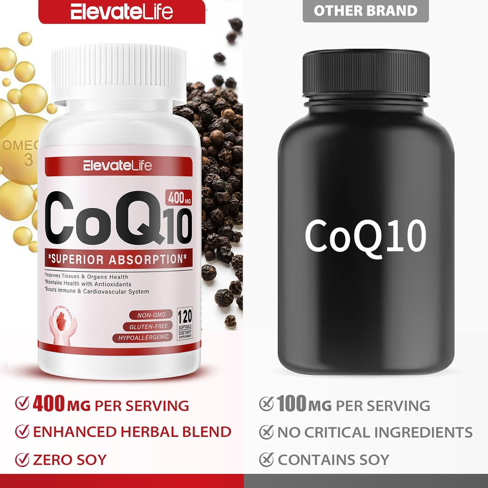 Coq10-400Mg-Softgels With Pqq, Bioperine & Omega-3, Coenzyme Q10(Ubiquinone) Supplement For High-Absorption, Powerful-Antioxidant, Support Heart & Energy-Production, 120 Servings